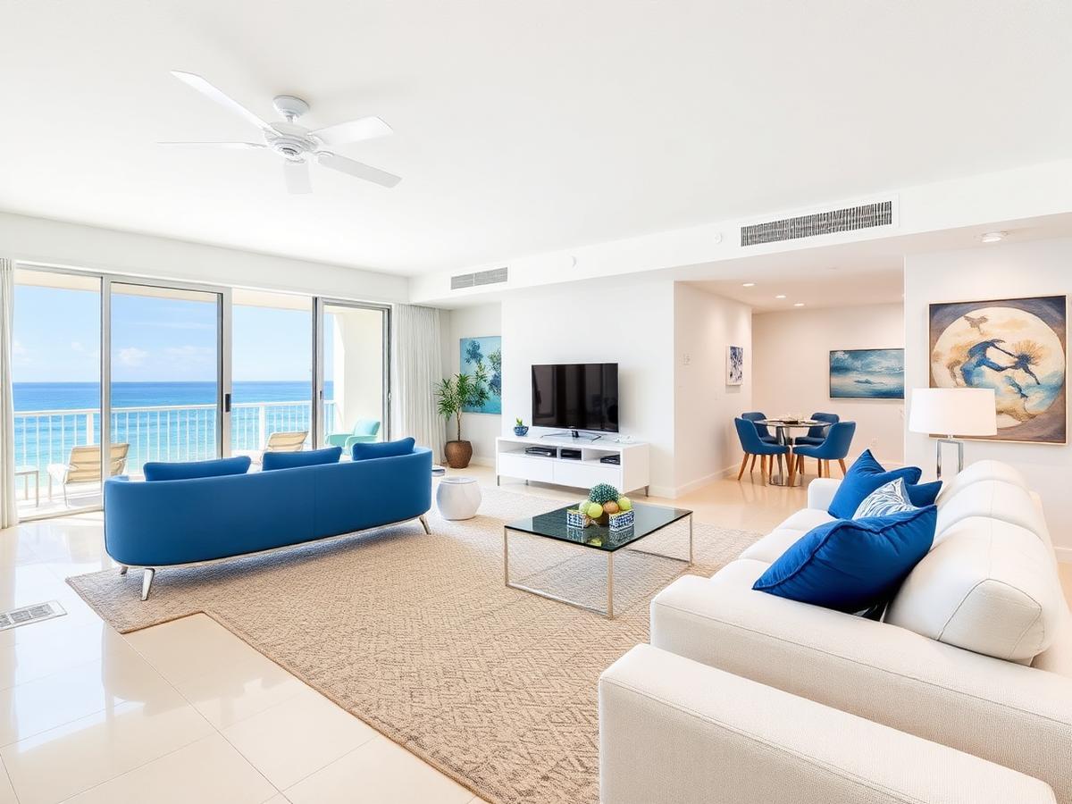 Salon lumineux d'un condo en Floride avec vue sur l'océan
